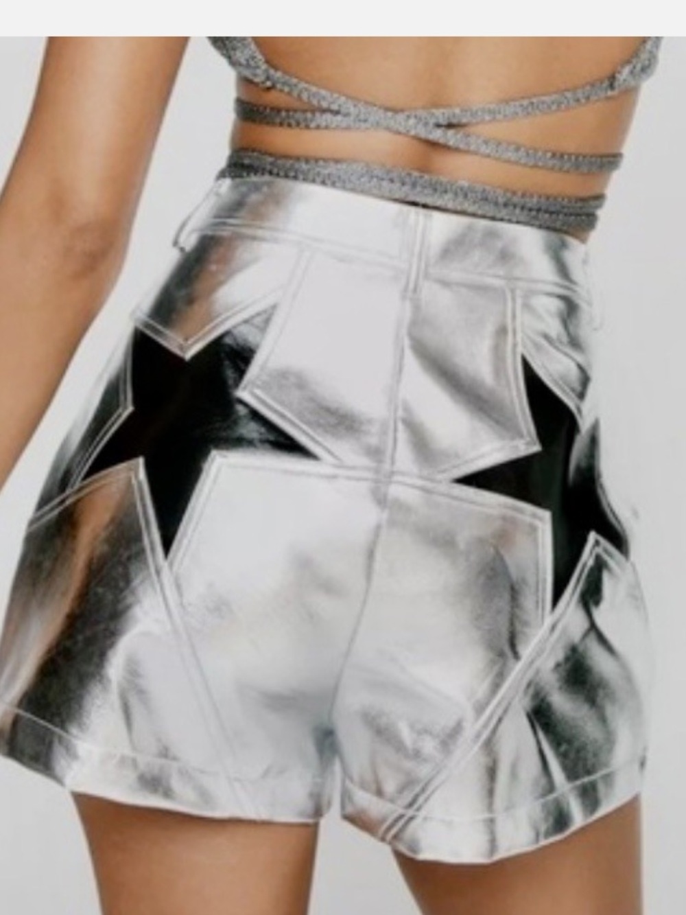 ⭐️ Nasty Gal Metallic Silver Festival Shorts with Black Star Accents Size 8